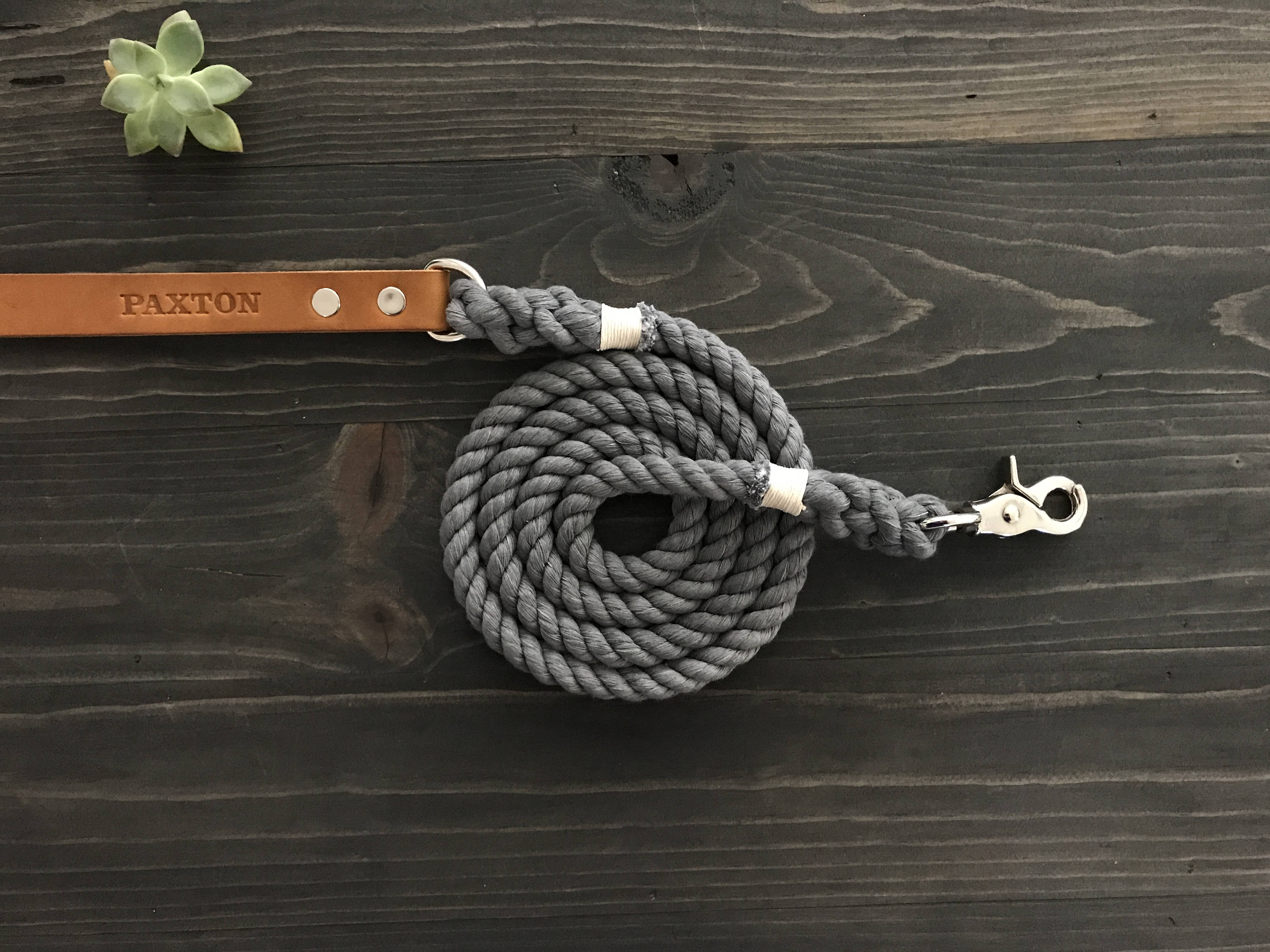 Grey Cotton Rope Leash with Leather Accents